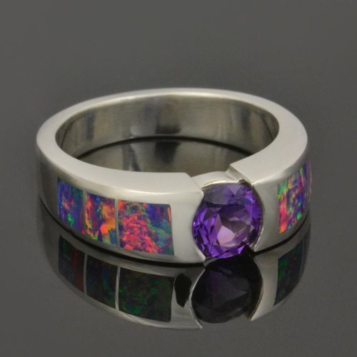 Lab opal engagement ring with amethyst center ston