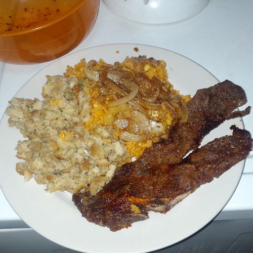 Rice, stuffing, and steak
