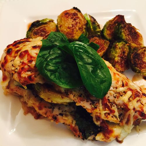 Stuffed Chicken Brest with oven roasted Brussels S