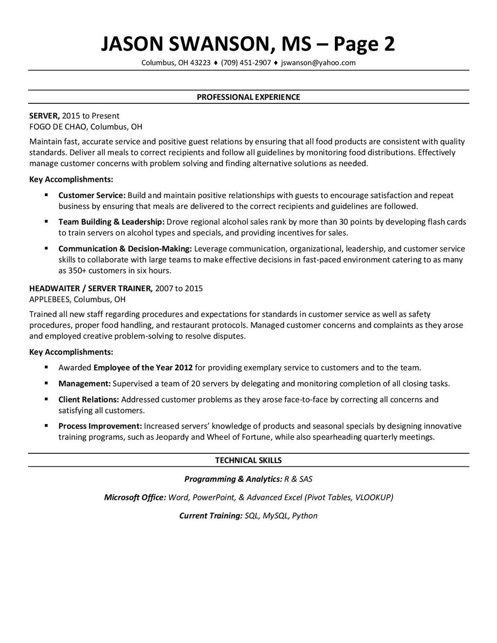 Pg. 2 Sample financial resume