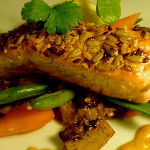pan seared salmon, crusted with sunflower, sesame 