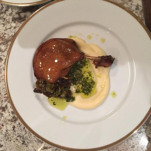 Duck Confit with Parsnip Puree, Olive Relish and S