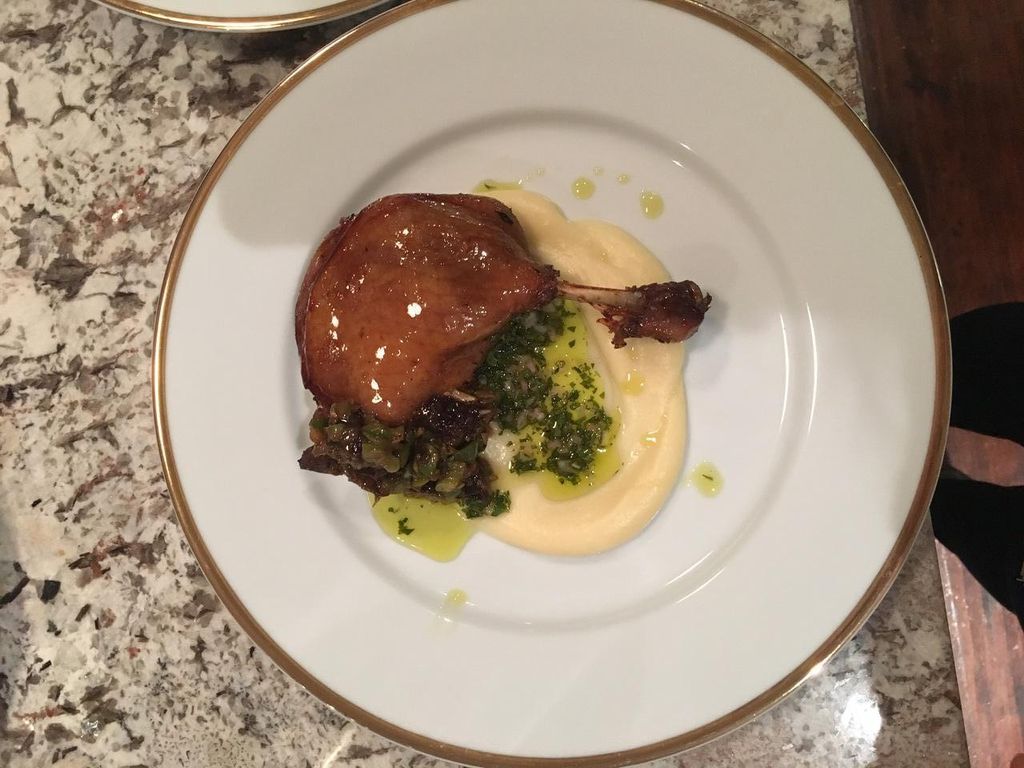 Duck Confit with Parsnip Puree, Olive Relish and S