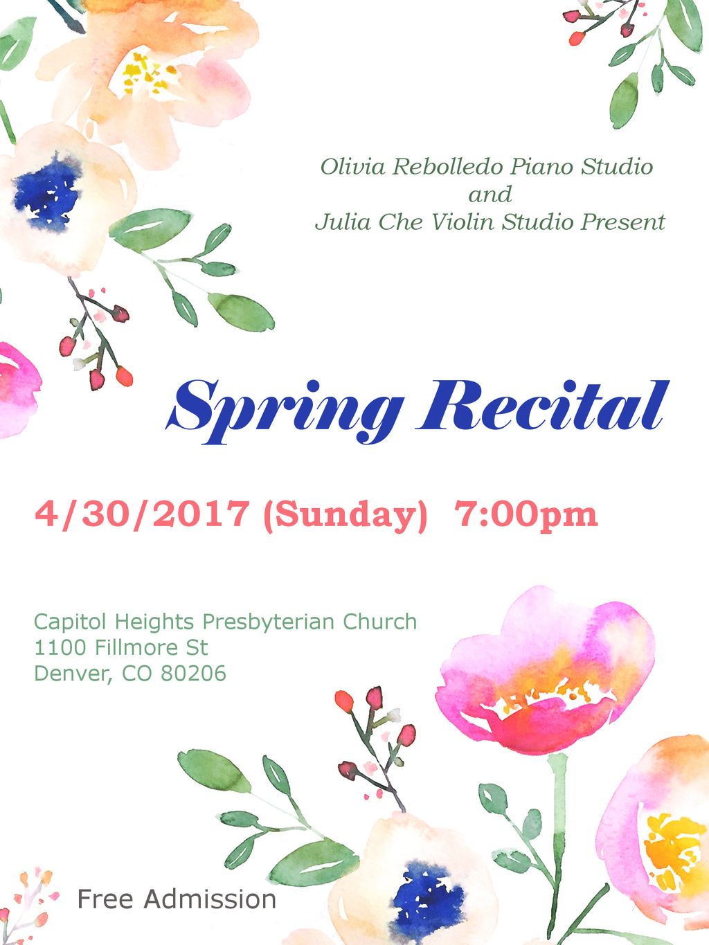 Student recital poster for Spring 2017