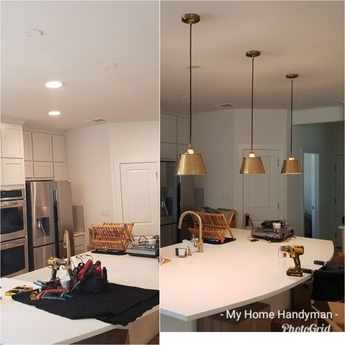 Pendant light laser level, before and after 