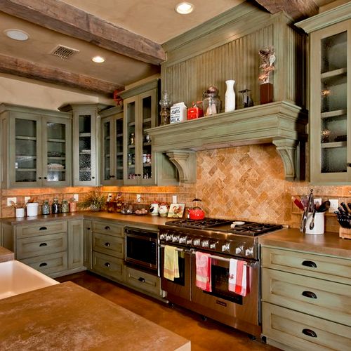 Antiqued Kitchen Cabinetry with Tea Stained Walls