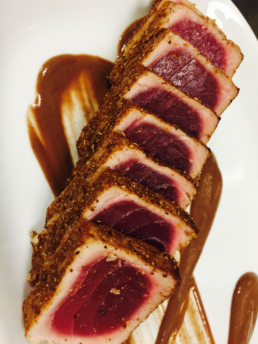 Seared Crusted Ahi Tuna, Prune Coulis.