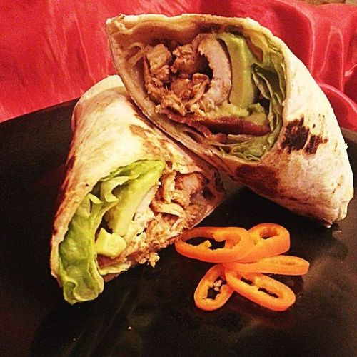 Jerk BBQ Chicken wrap w/ Avocado, Lettuce and Baco