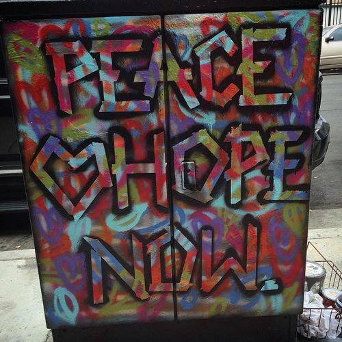 "Peace, Love, Hope, NOW" 
Utility box mural on Sun
