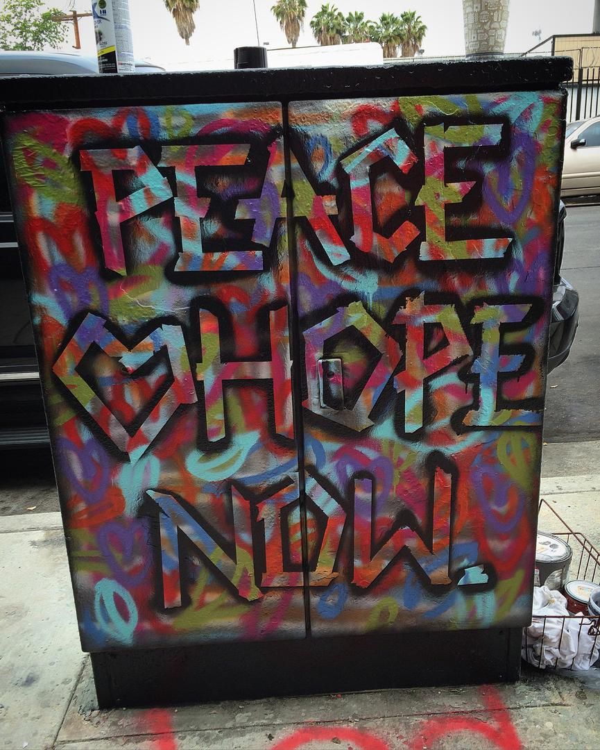 "Peace, Love, Hope, NOW" 
Utility box mural on Sun