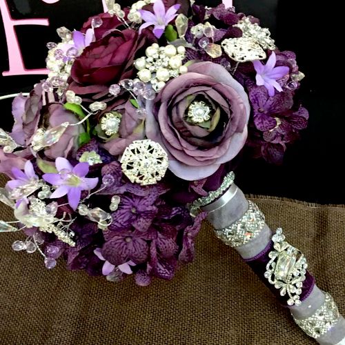Purple/Plum/Lavender Rose Brooch Bouquet - adorned