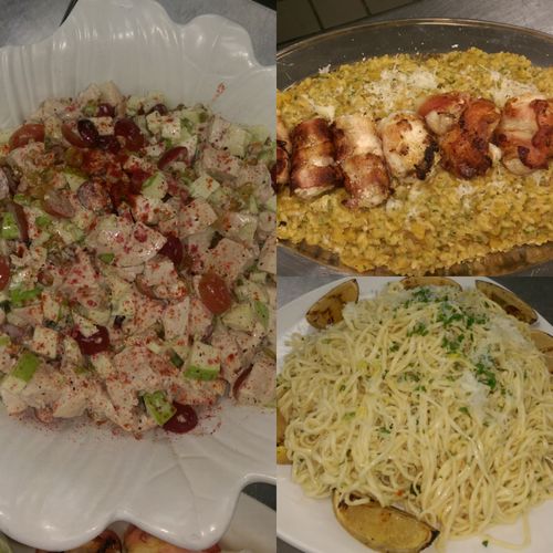 Chicken salad,  chicken kabobs,  and lemon pasta