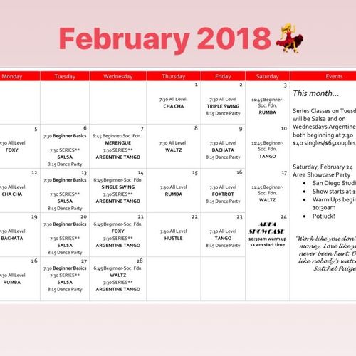February calendar of group classes, series classes