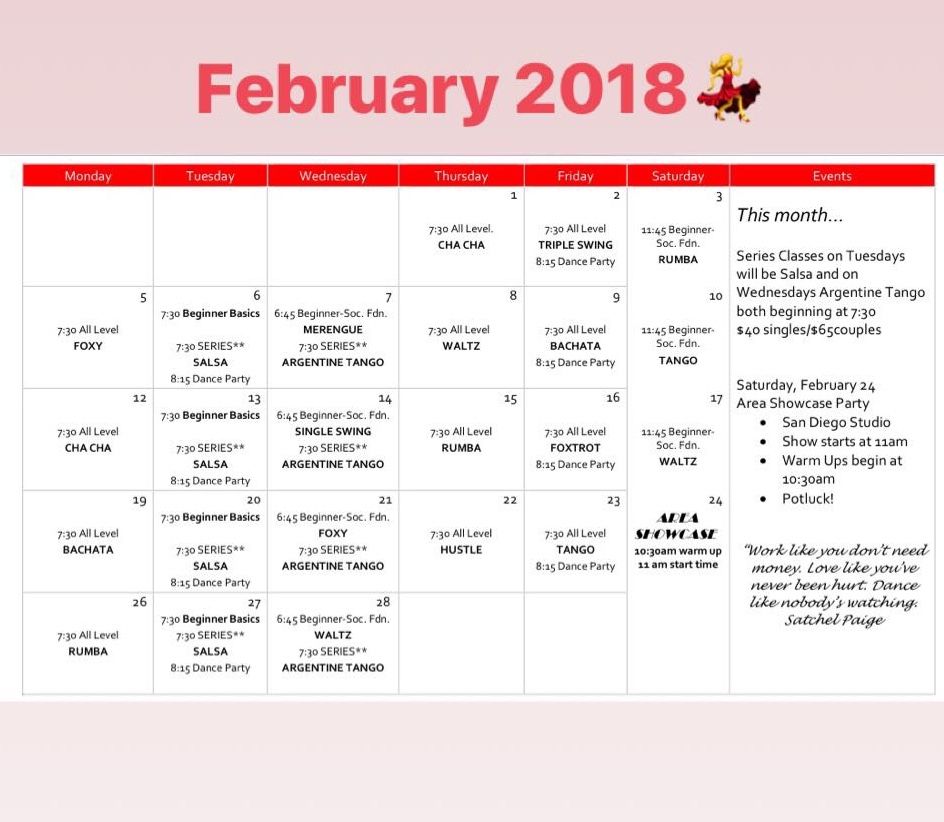 February calendar of group classes, series classes