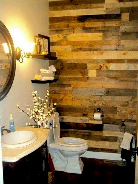 pallet slat wall in bathroom ,new plumbing and van