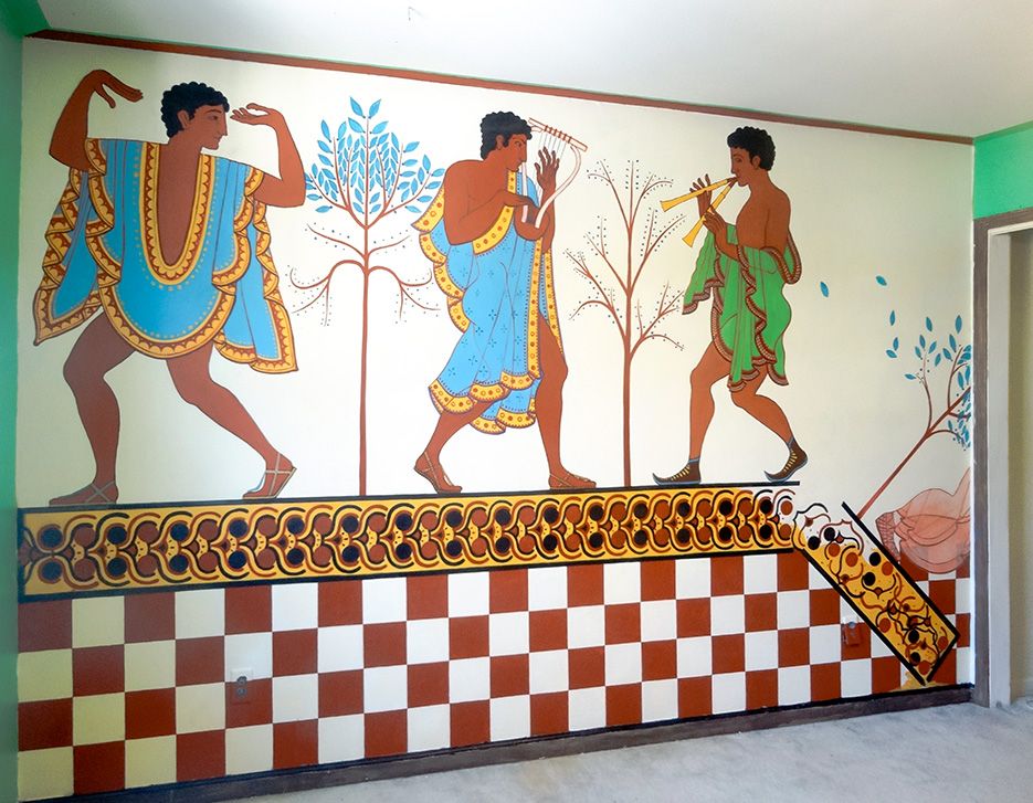 Etruscan-style wall painting based on tomb paintin