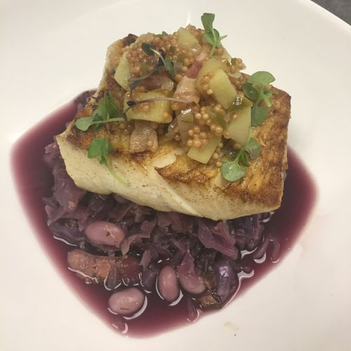 Halibut with braised Cabbage and apple bacon chutn