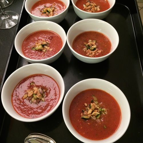 Grilled tomato gazpacho with cucumber salsa