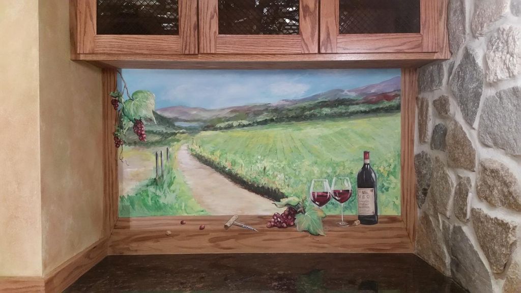 Wine cellar mural with Trompe-l'œil wine bottle an