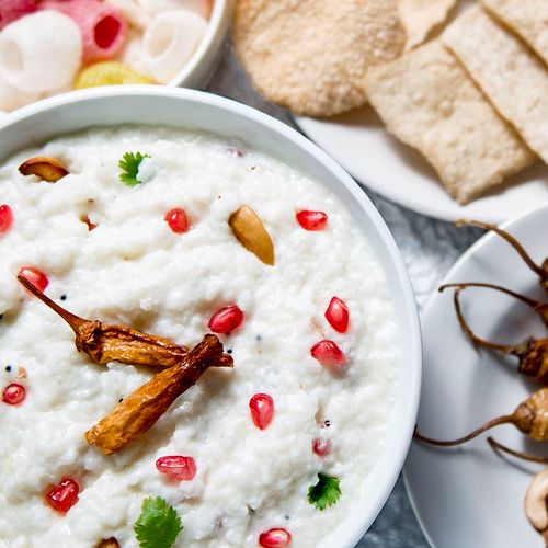 Yogurt Rice with Pomegranate and Curry Leaves