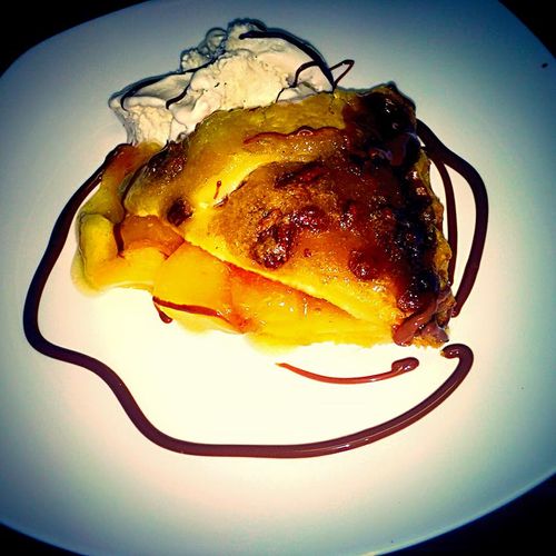 Peach & Praline Pie with Milk Chocolate Syrup and 