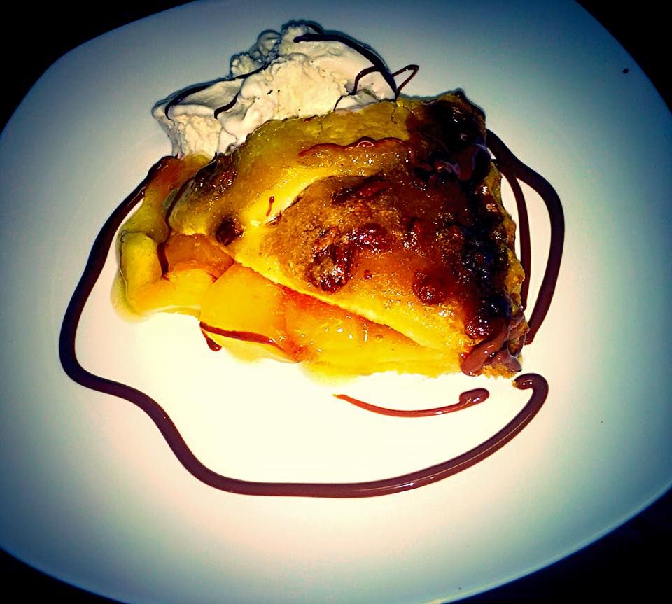 Peach & Praline Pie with Milk Chocolate Syrup and 