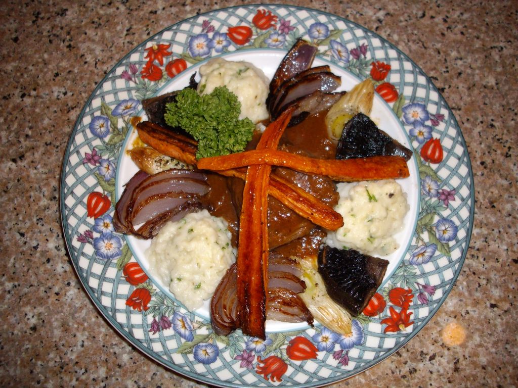 Pot Roast with roasted vegetables and herb dumplin