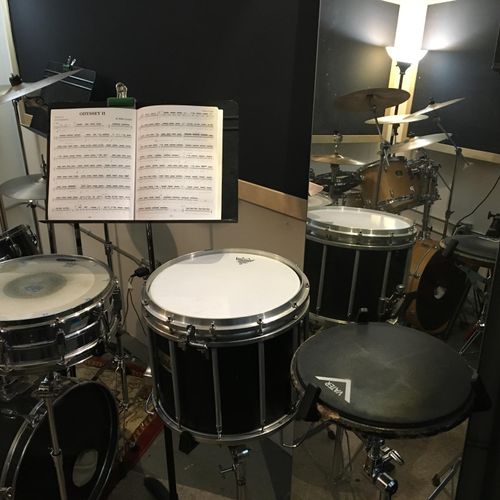 Teaching studio fully equipped with snare drums an