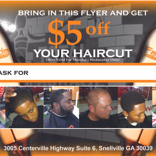 Back of Flyer for barber shop in Snellville Ga