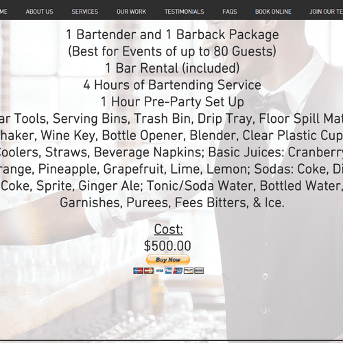 1 Bartender & 1 Barback Package perfect for events