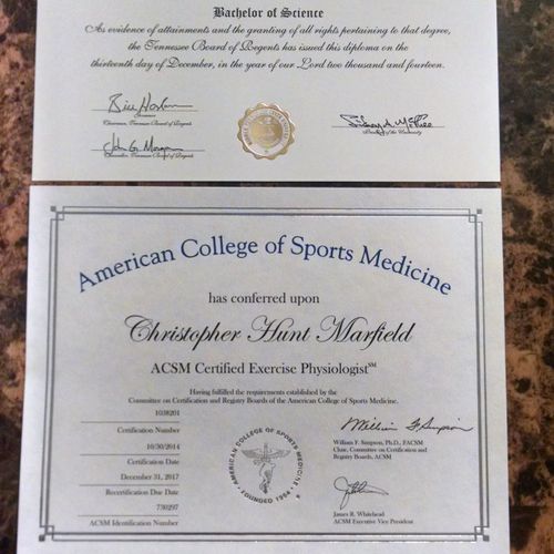 Top: Bachelor in Exercise Science
Bottom: ACSM Cer