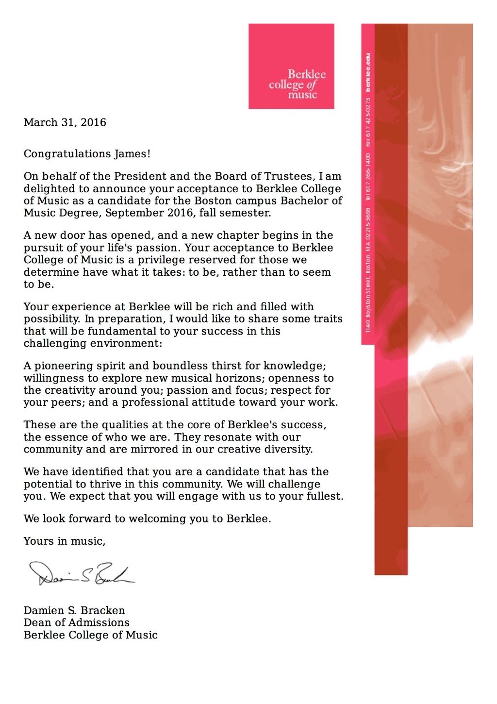 Berklee College of Music Acceptance Letter!