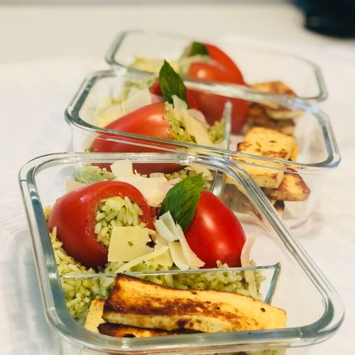 Pesto Rice Stuffed Tomatoes and Grilled Paneer. De