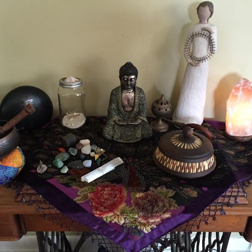 My home altar.  Some of my favorite crystals, my R