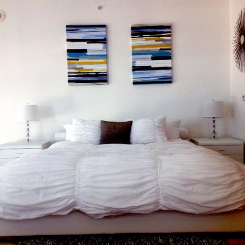 Bed frame, set, starburst mirror, canvas paintings