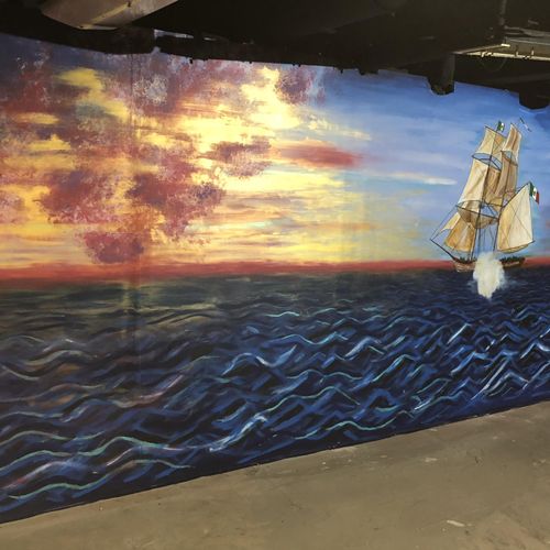 Mural, Mexican Brig at sunset on Museum on the Bay