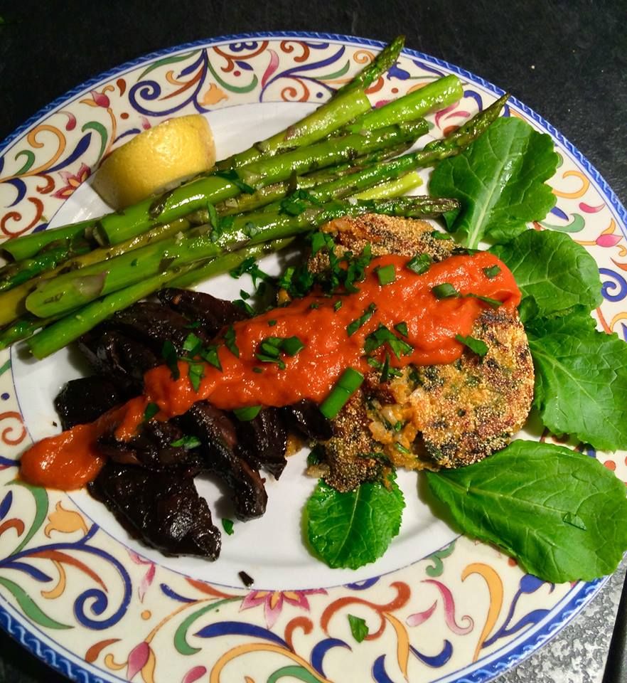 Sweet potato brown rice and spinach cakes. roasted
