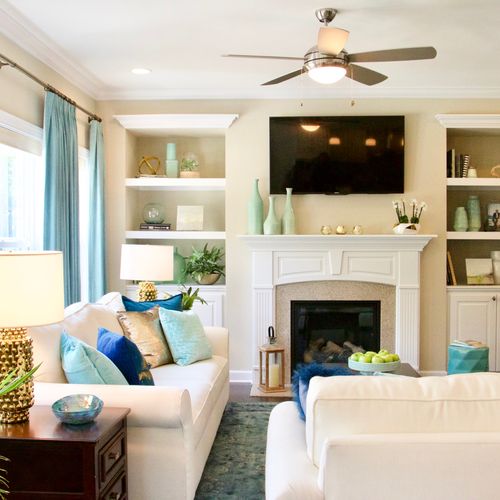 Turquoise, White and Gold Family Room