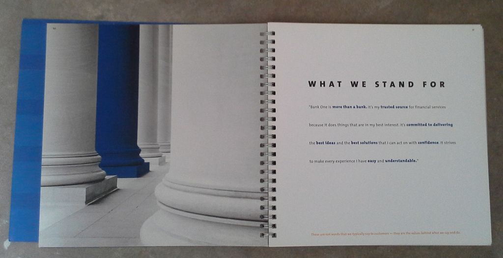 Bank One brand book (inside) was developed to be s