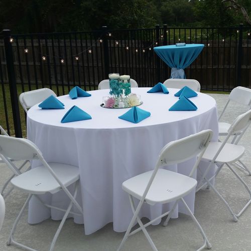 Table, chairs and linen rental set up
