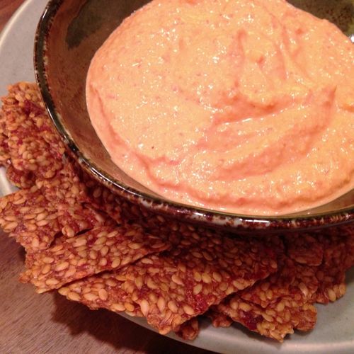 Raw red pepper and tahini hummus with dehydrated f