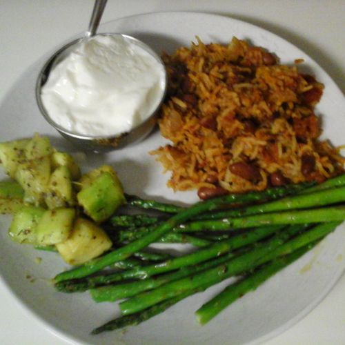 red beans & rice, asparagus, zucchini and home mad