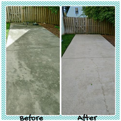 Before and After of a driveway pressure washed by 