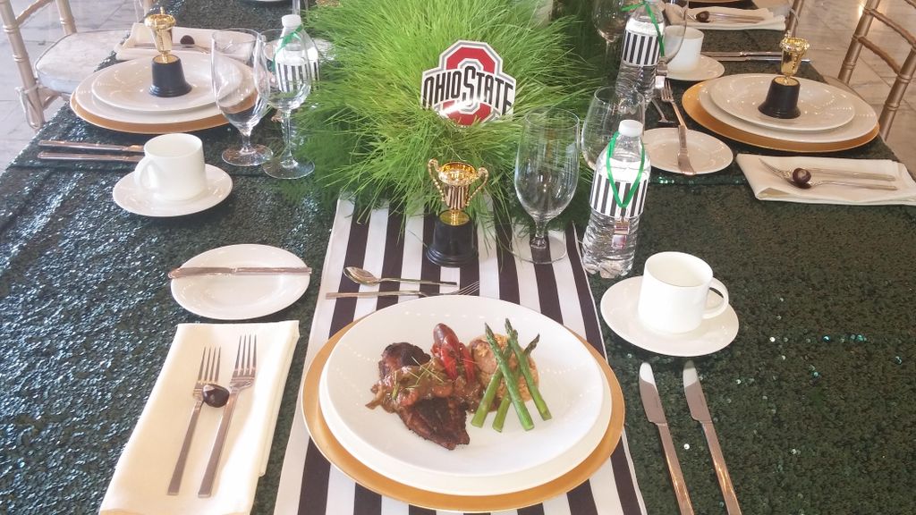 Plated meals for a Buckeye themed bash.