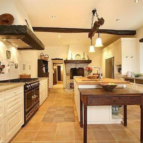 Old World European Kitchen with Olive Wood Beams a
