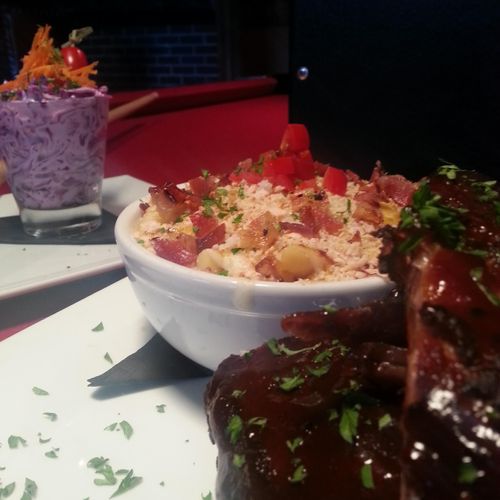BBQ Ribs, red cabbage coleslaw, and jalapeno bacon