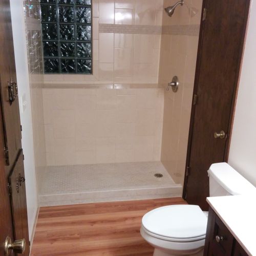 Basement bathroom, tile shower surround, floor, gl