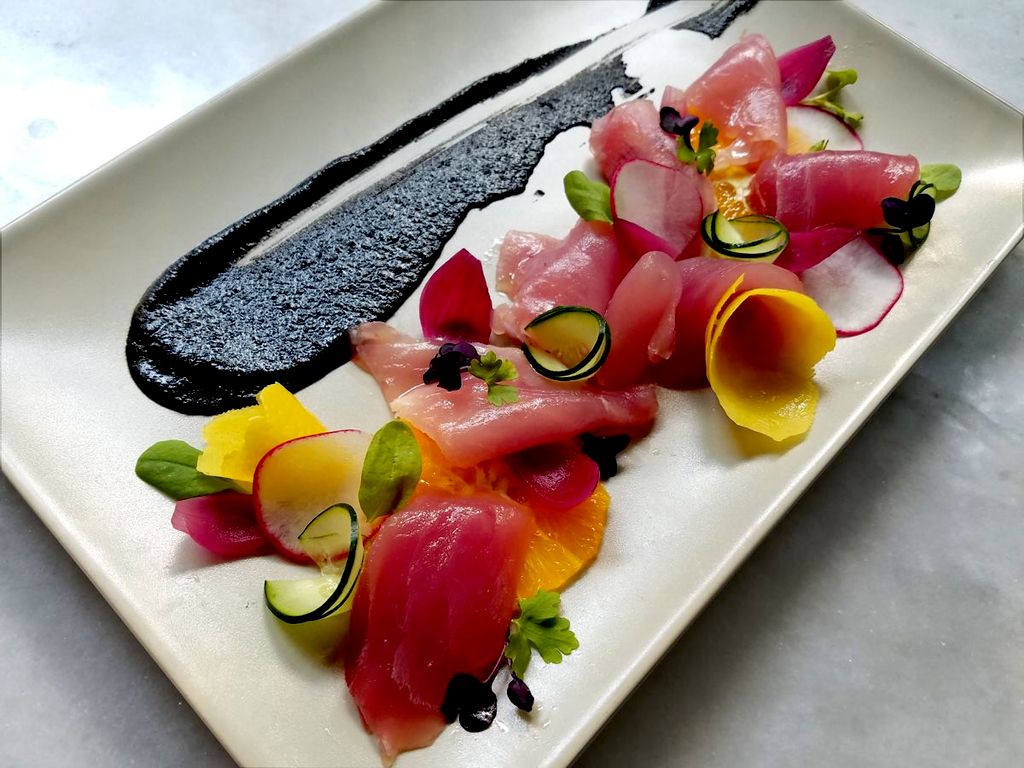 Tombo Tuna Crudo with Black Sesame Purée, Lemon Pe