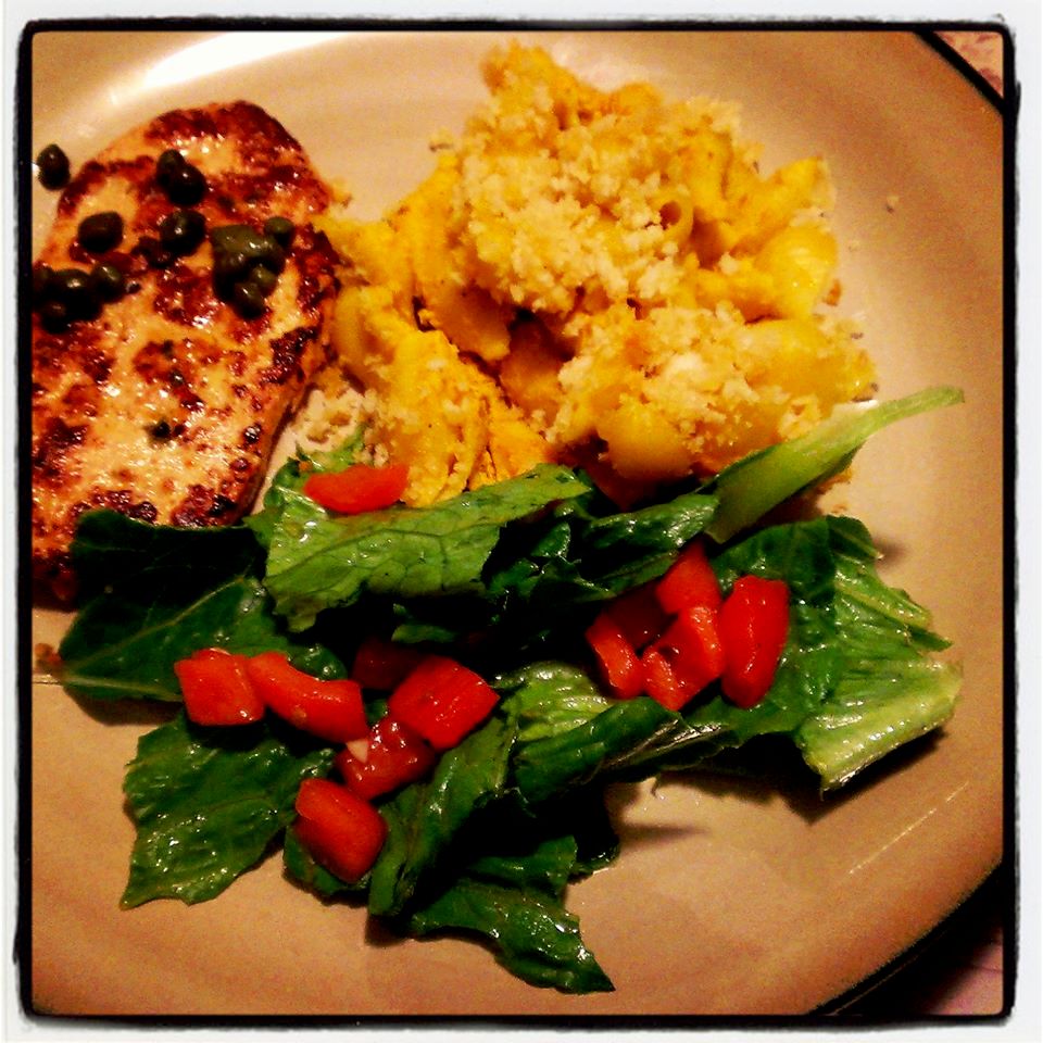 Vegan entree and sides: Chik'n piccata, mac and "c