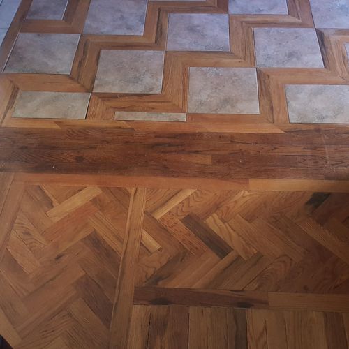 Custom living room wood design with tile inlay